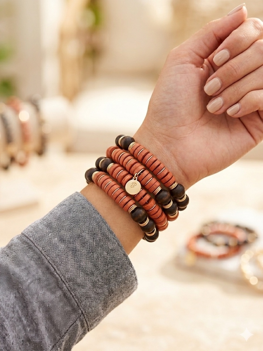 New Plunder Design 4 PC Terracotta Orange & Black Beaded Stretch Bracelet Stack